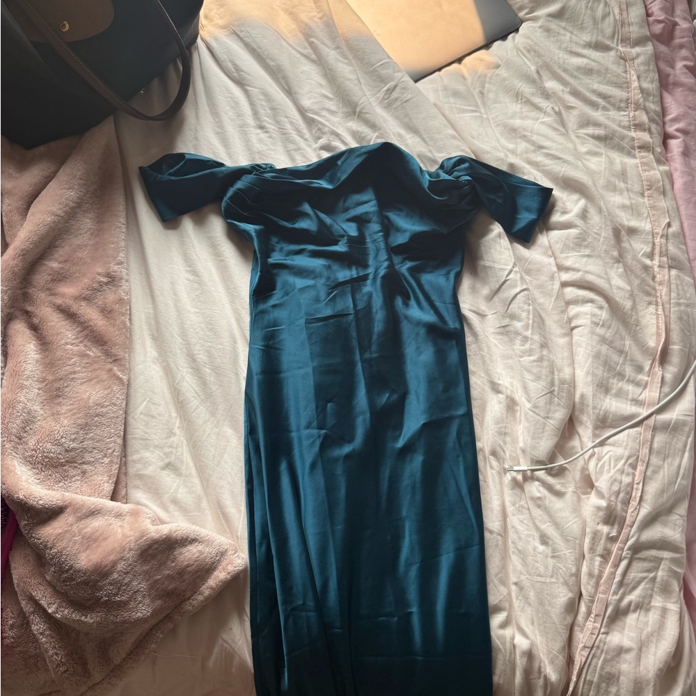 Beginning Boutique Blue Off-Shoulder Flutter Sleeve Bodycon Maxi